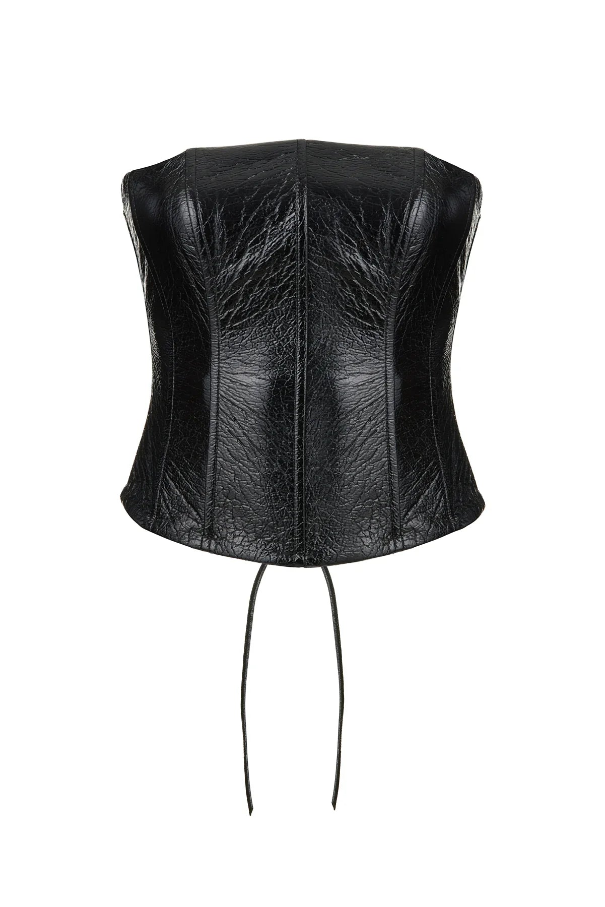 The Imari Corset is an elegant, black faux leather corset with a textured finish. It includes adjustable straps and defined seams, providing a structured design with back lacing for an adaptable fit. Its glossy look and tailored silhouette make it a timeless addition to any wardrobe.