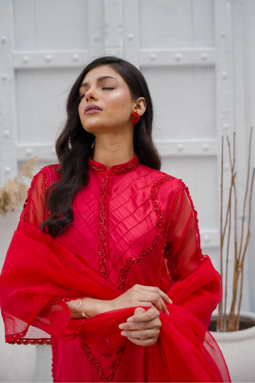 Lalin Red EMBROIDERED SILK SHIRT WITH PANT
